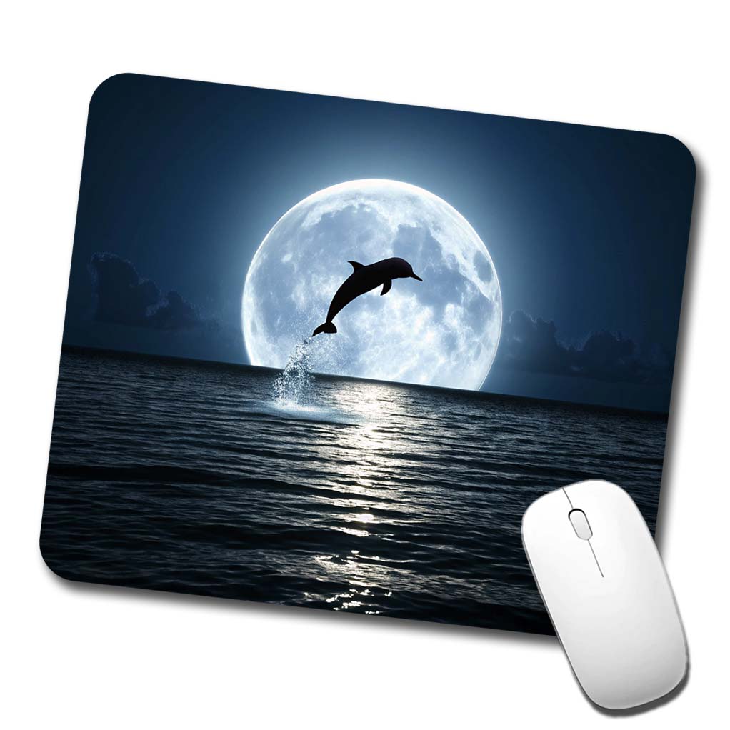 Dolphin Leaping Over Ocean Glowing Moon Low Profile Mouse Pad Mat