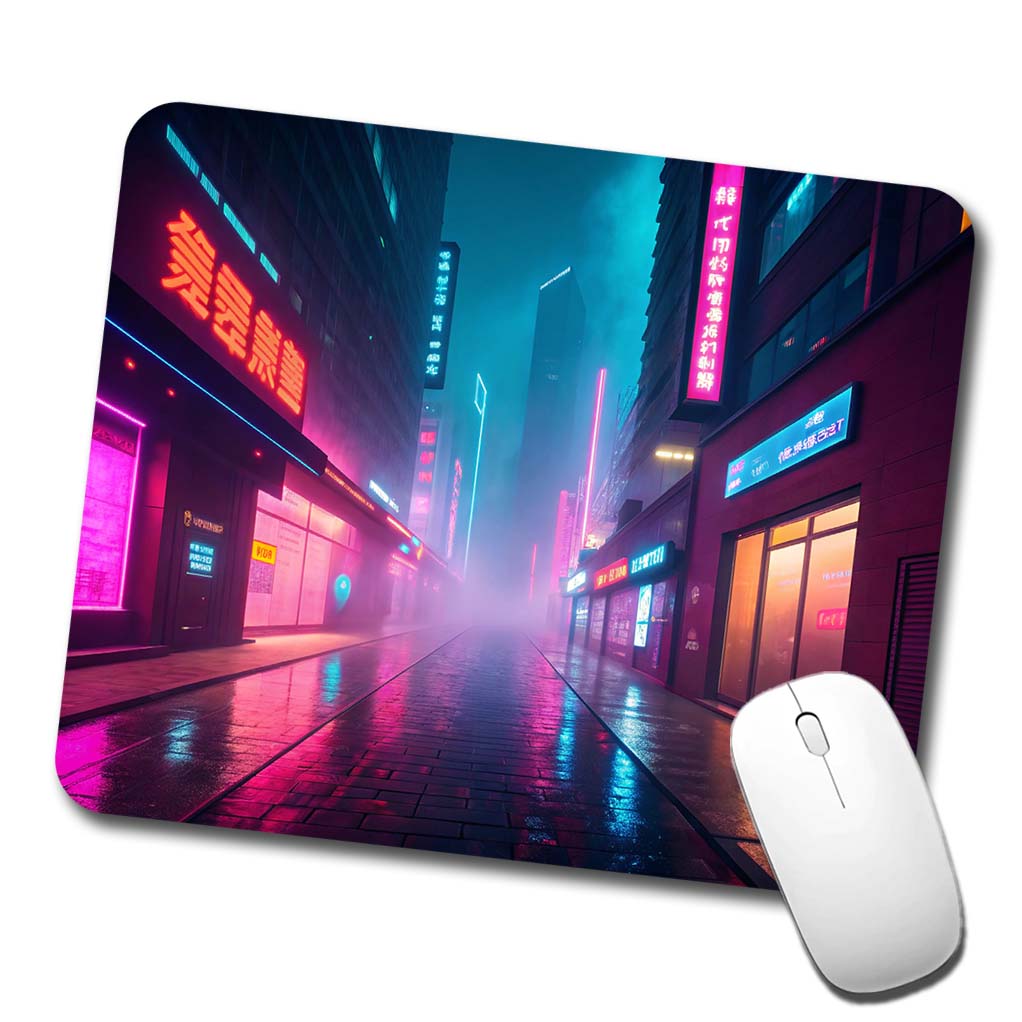 Futuristic City Alley Night Glowing Signs Misty Low Profile Mouse Pad Mat