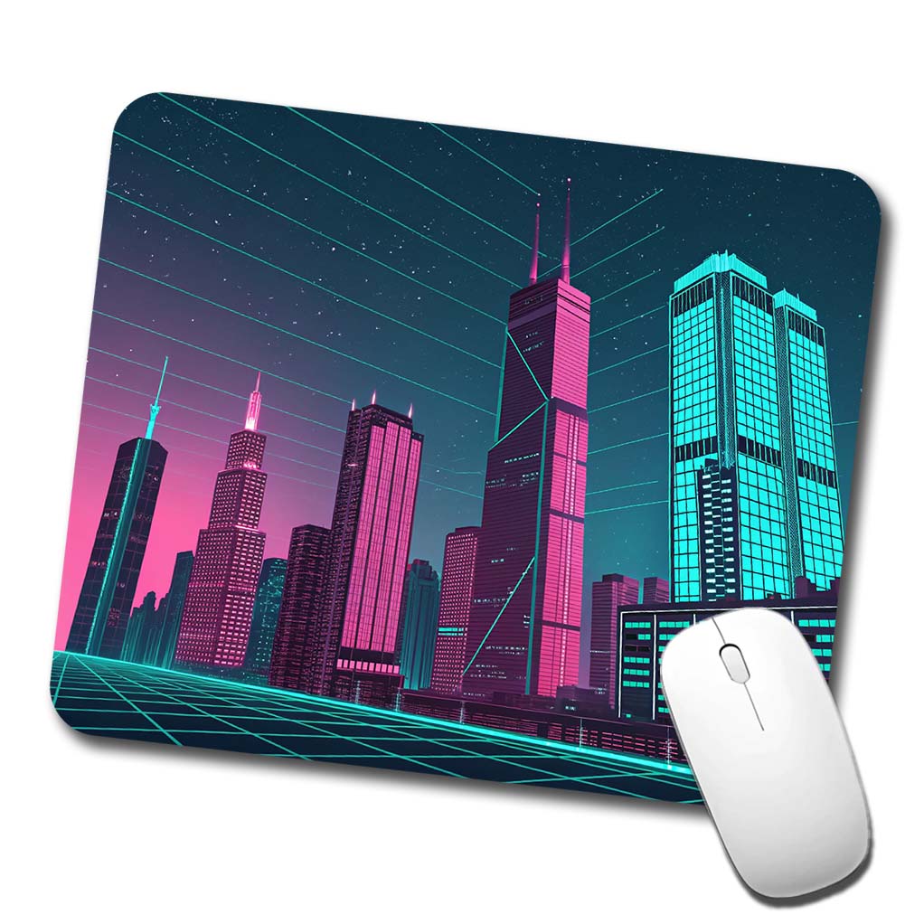 Skyscrapers Lit Pink Teal Glitch Effects Low Profile Mouse Pad Mat