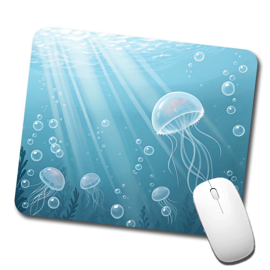 Soft Blue Tones Floating Jellyfish Bubbles Ocean Low Profile Mouse Pad Mat