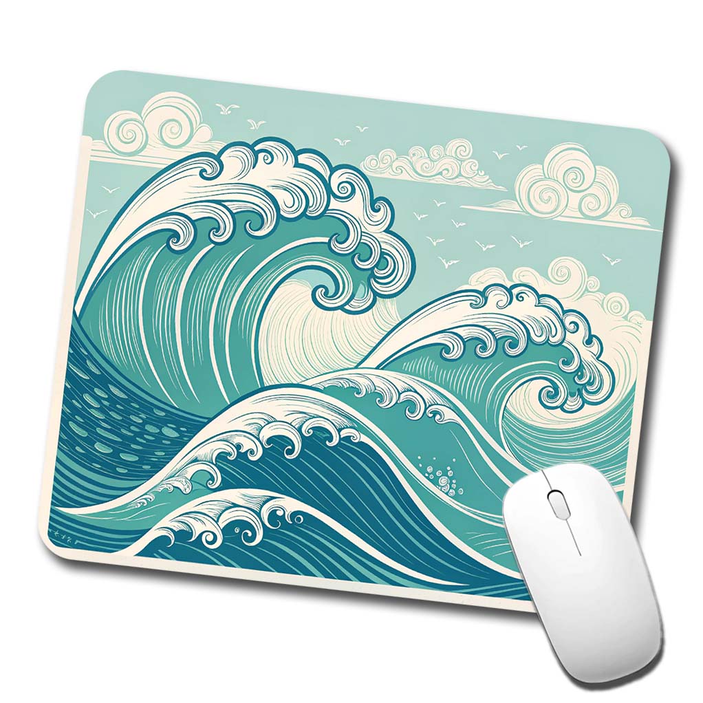 Vintage Ocean Waves Drawing Low Profile Mouse Pad Mat