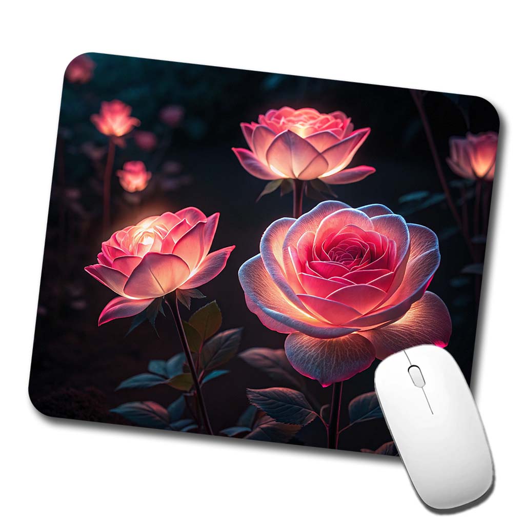 Glowing Pink Roses Beautiful Flowers Low Profile Mouse Pad Mat