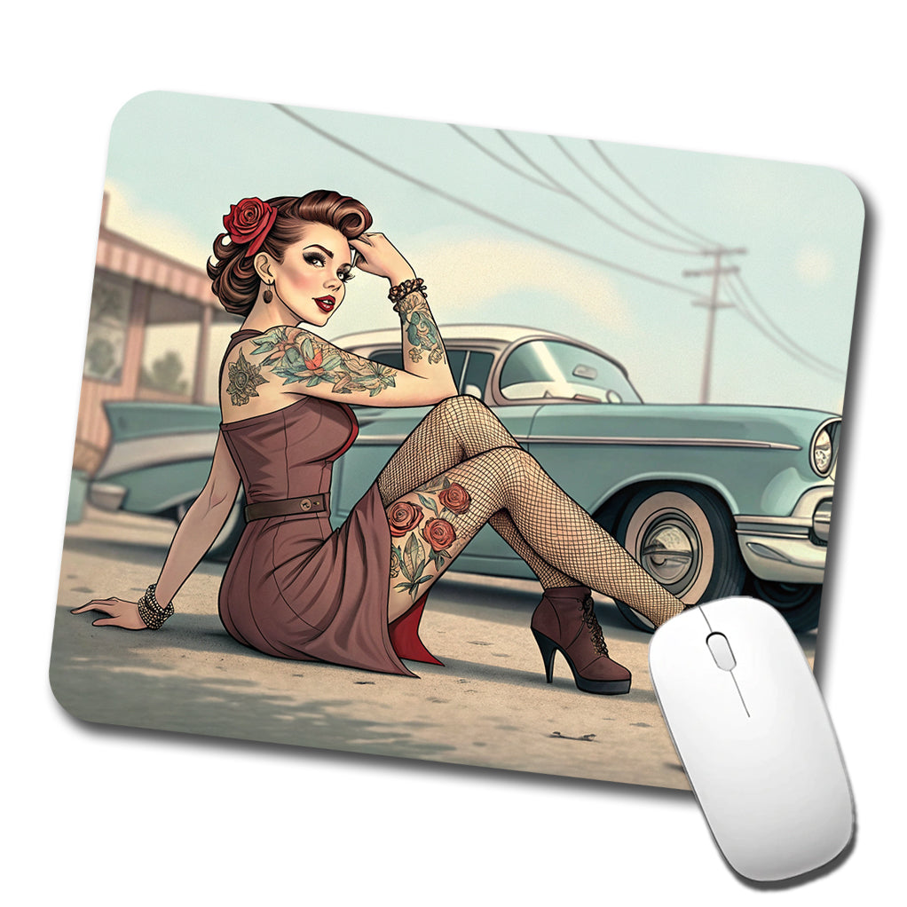 Rockabilly Retro 50's Pin-Up Girl With Tattoos Low Profile Mouse Pad Mat