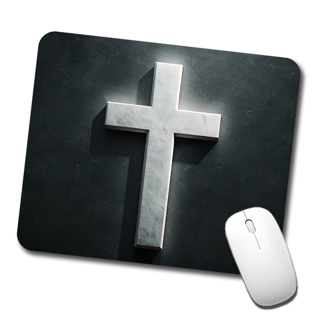 White Cross On Dark Background Religious Low Profile Mouse Pad Mat
