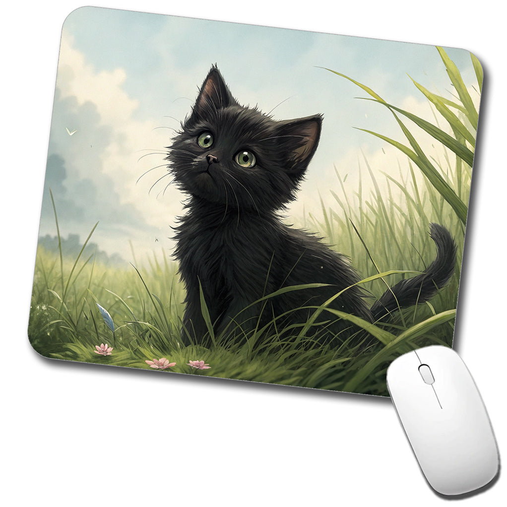 Black Kitten Cat in Field Low Profile Mouse Pad Mat