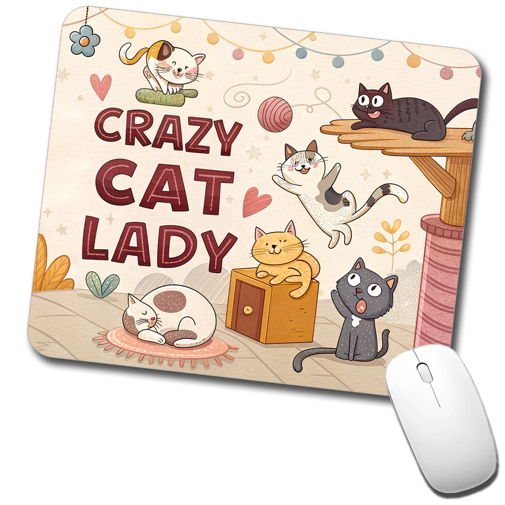 Crazy Cat Lady Funny Cartoon Low Profile Mouse Pad Mat