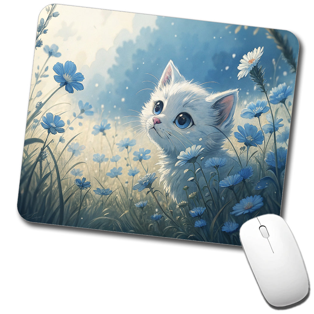 White Kitten in Field Of Blue Flowers Anime Style Low Profile Mouse Pad Mat