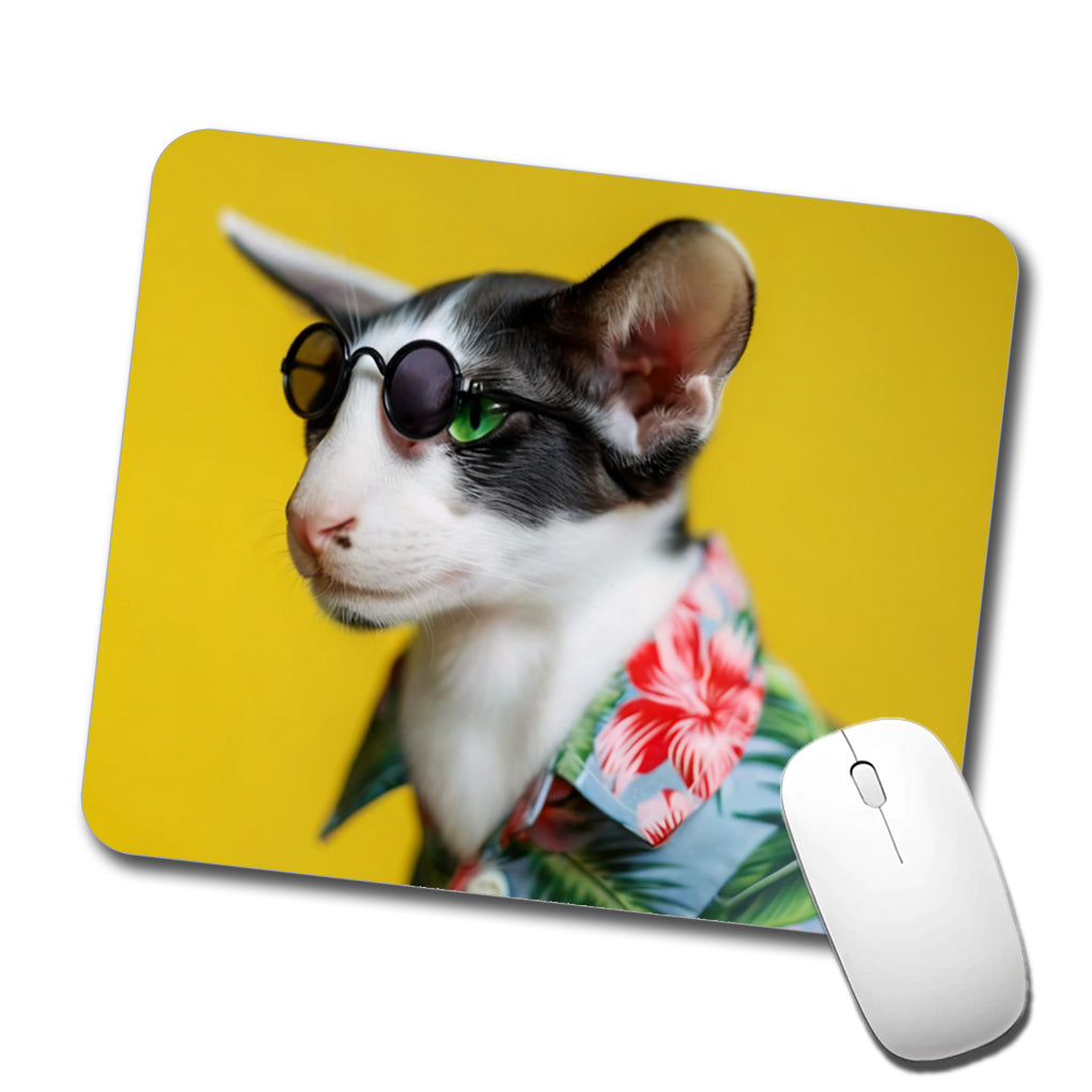Funny Cat With Glasses And Hawaiian Shirt Low Profile Mouse Pad Mat