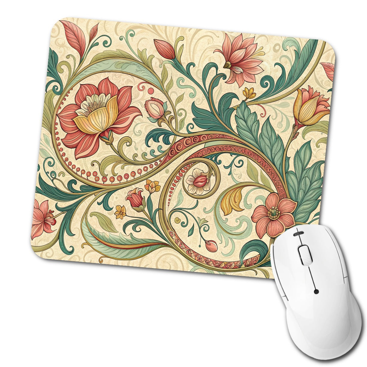 Art Nouveau Flower Leaf Pattern Low Profile Mouse Pad Mat