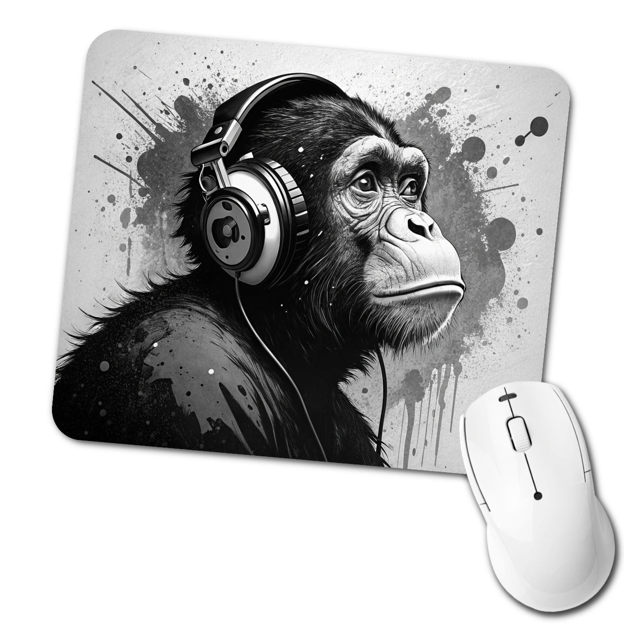 Artsy B&W Monkey with Headphones Low Profile Mouse Pad Mat
