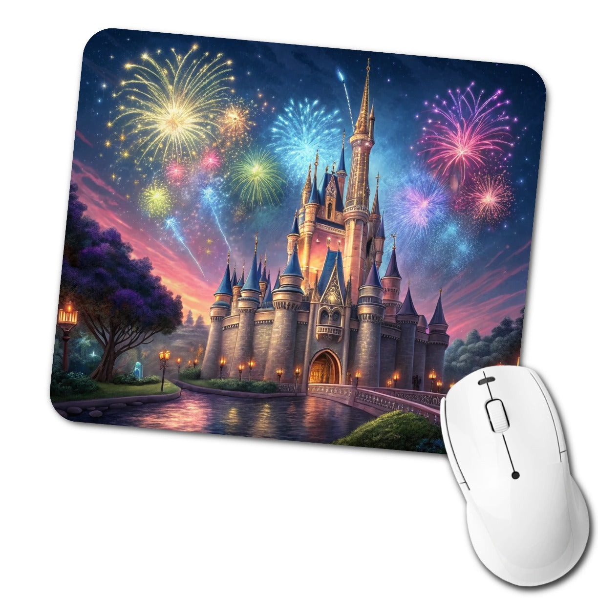 Fantasy Kingdom Castle Fireworks at Night Low Profile Mouse Pad Mat