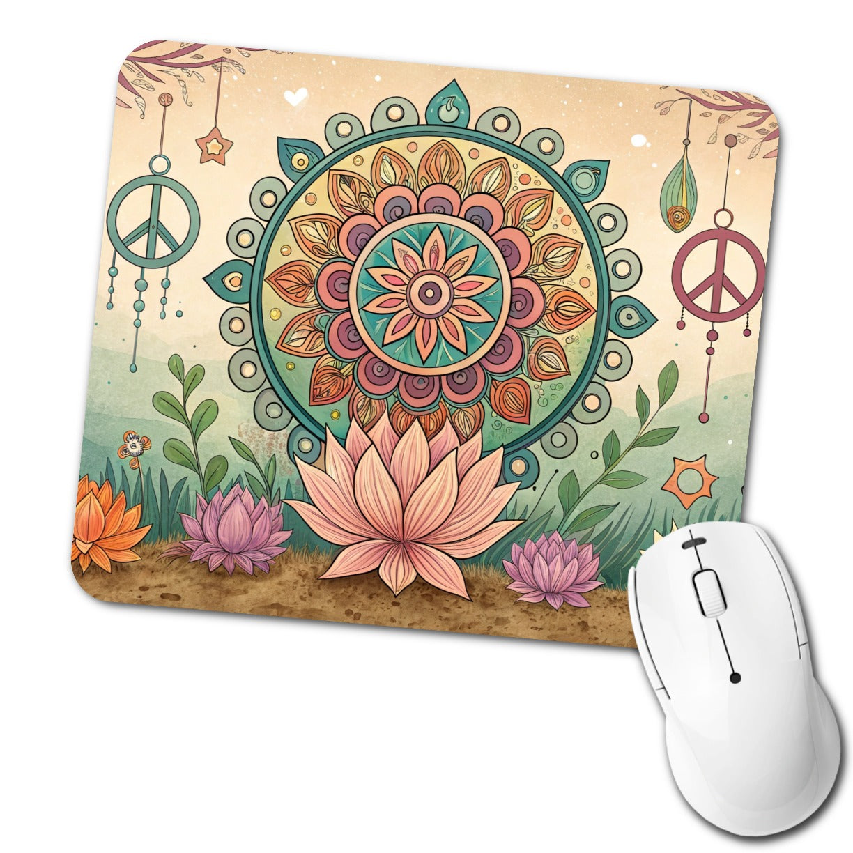 Hippie Yoga Peace Mandala Flower Low Profile Mouse Pad Mat
