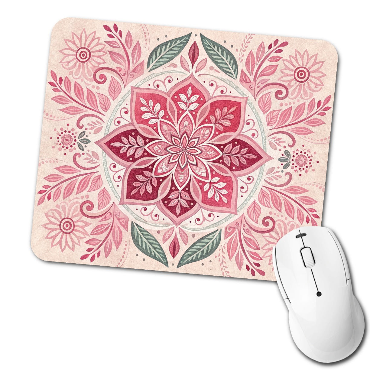 Pink Symmetrical Artistic Floral Pattern Low Profile Mouse Pad Mat