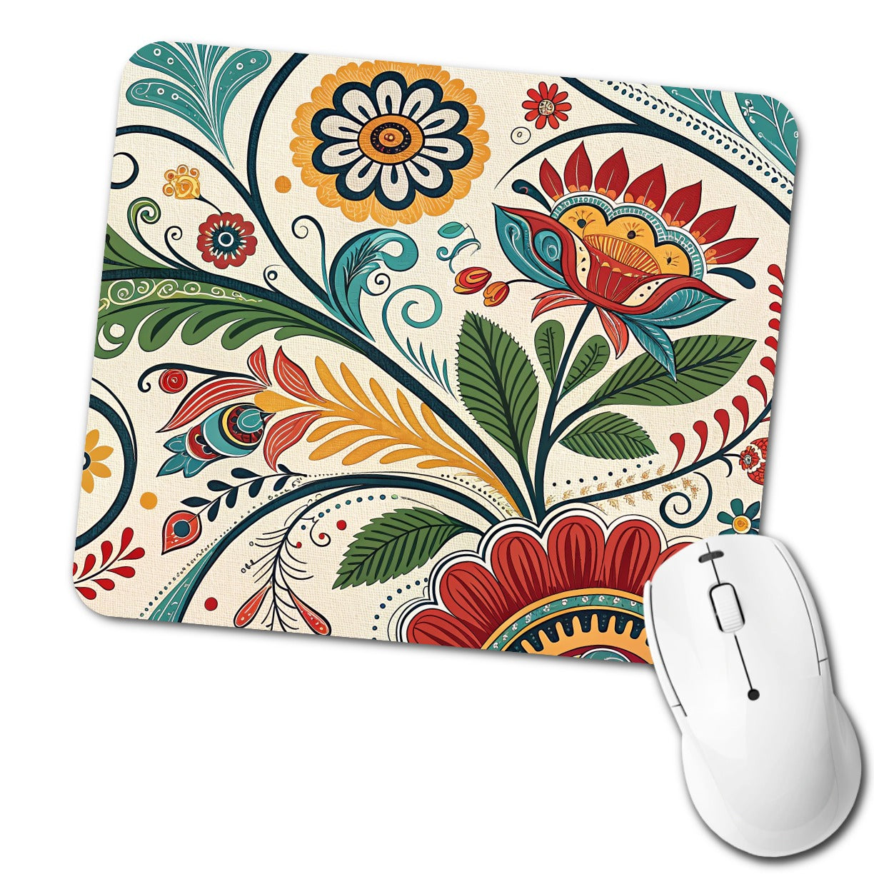 Traditional Folk Art Flowers Leaves Pattern Low Profile Mouse Pad Mat