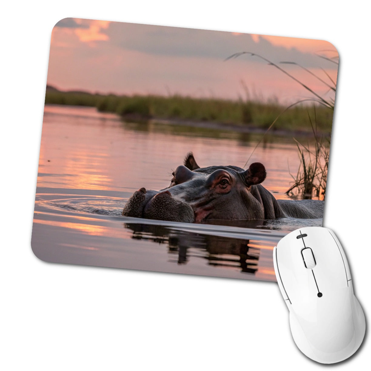 African Hippopotamus Sunset Safari Low Profile Mouse Pad Mat
