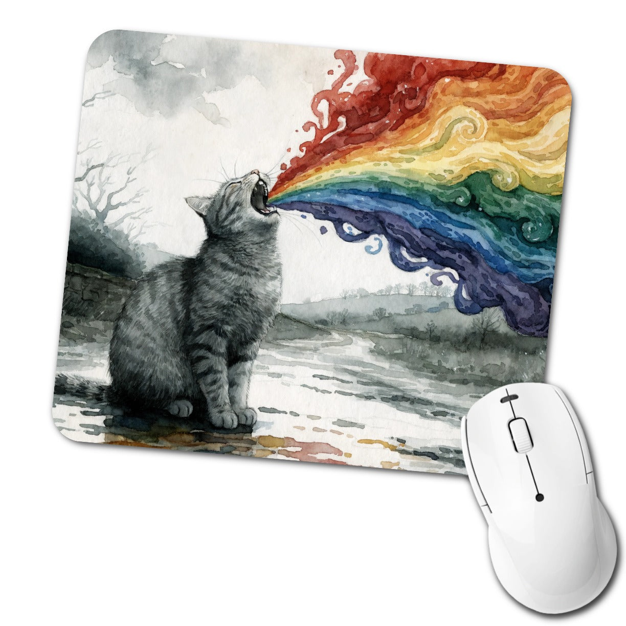 Cat Vomiting Rainbow Watercolor Low Profile Mouse Pad Mat