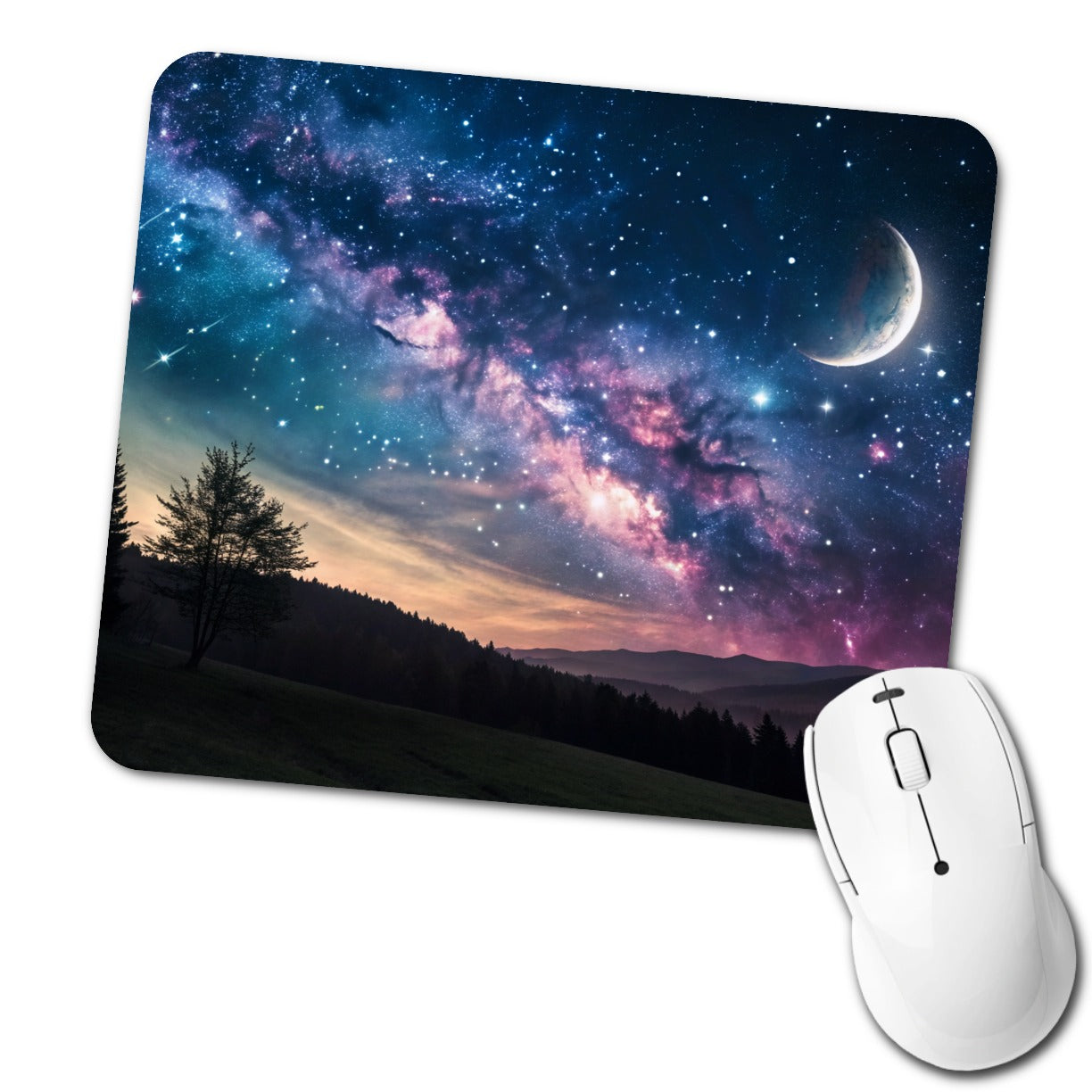 Galaxy Night Sky Crescent Moon Low Profile Mouse Pad Mat