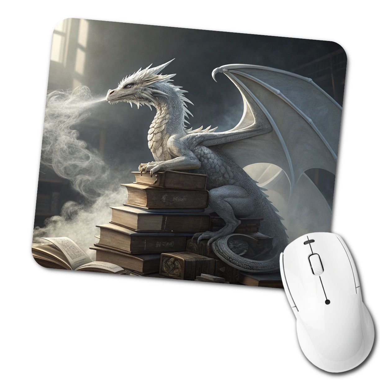 Misty Dragon Sitting On Books Low Profile Mouse Pad Mat