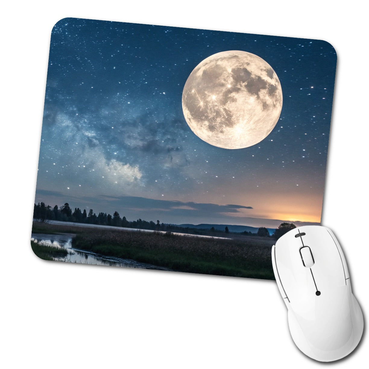 Moonlit River Night Landscape Low Profile Mouse Pad Mat