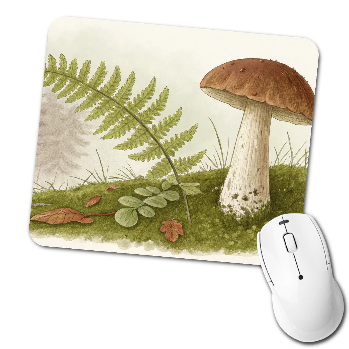 Mushroom Fern Nature Illustration Low Profile Mouse Pad Mat