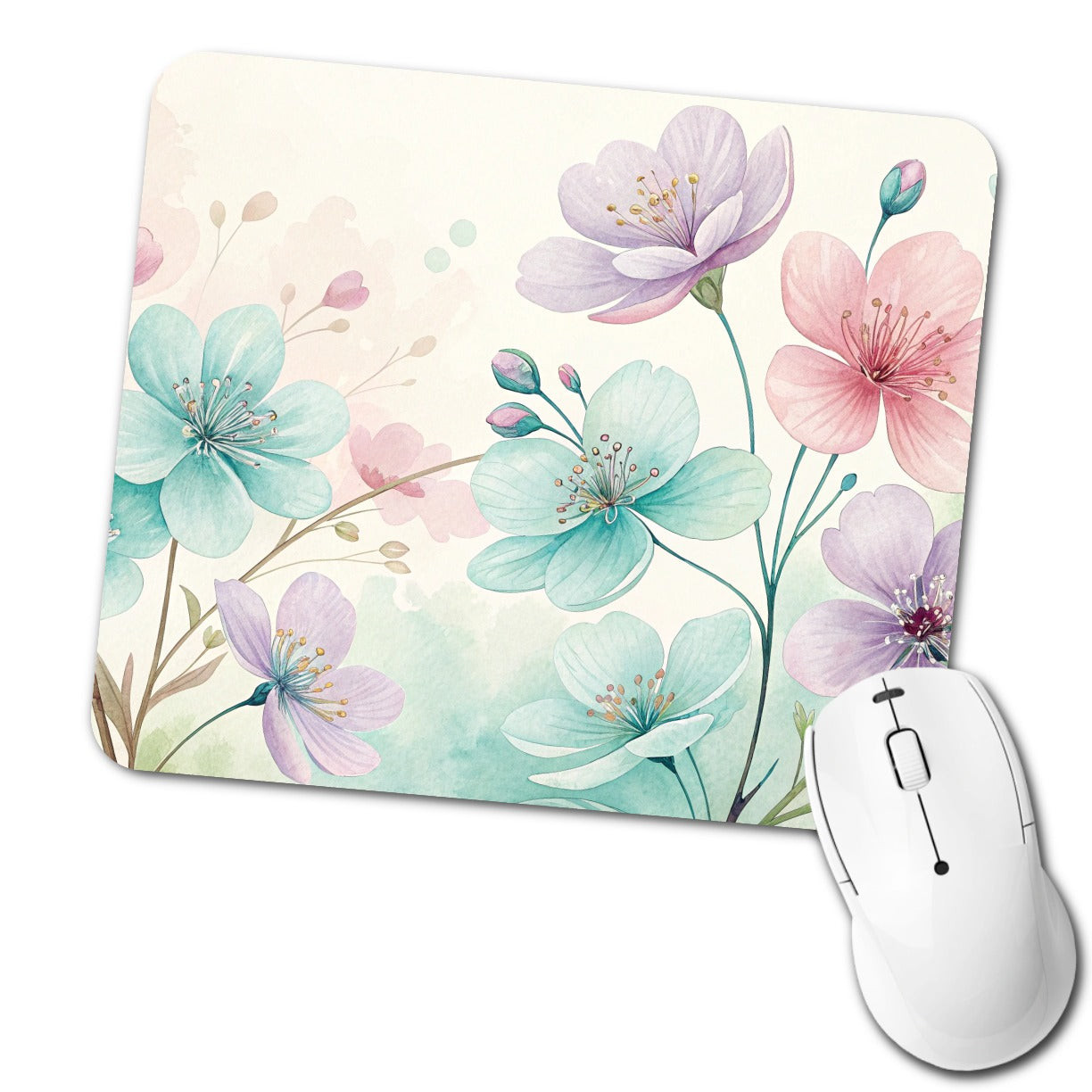 Pastel Flowers Botanical Art Low Profile Mouse Pad Mat