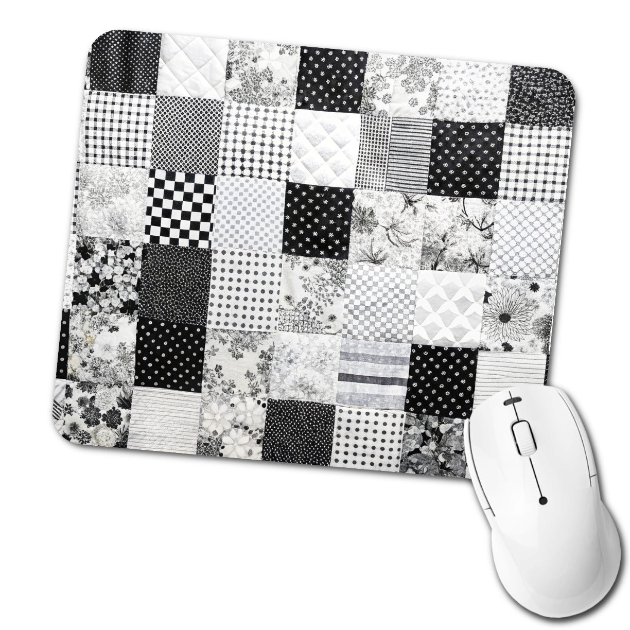 Patchwork Quilt Black White Low Profile Mouse Pad Mat