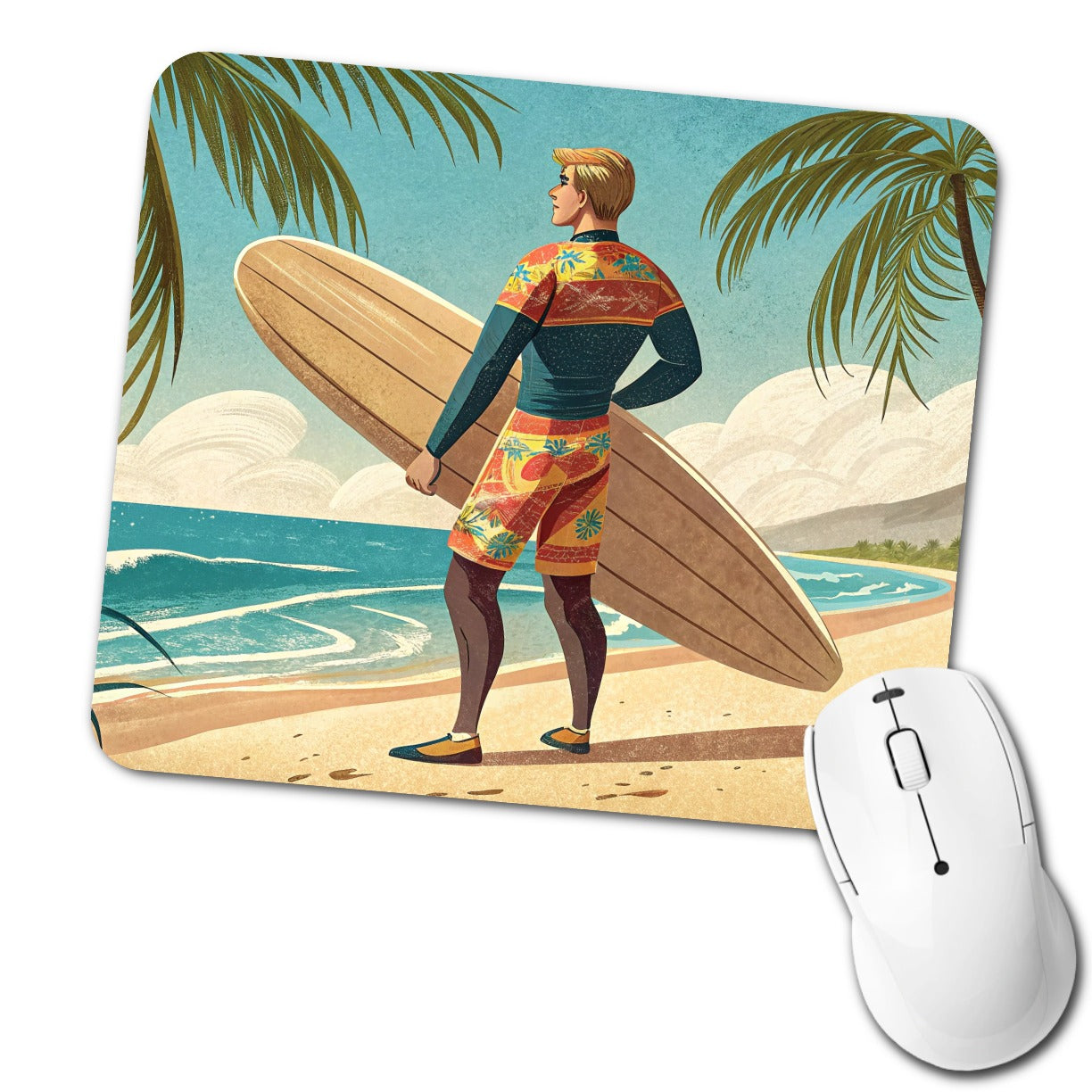 Retro Surfer Beach Scene Low Profile Mouse Pad Mat
