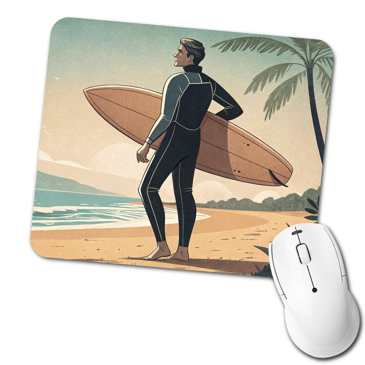Vintage Surfer Beach Scene Low Profile Mouse Pad Mat