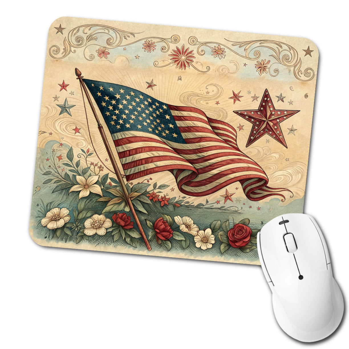 Vintage USA Flag Stars Patriotic Low Profile Mouse Pad Mat