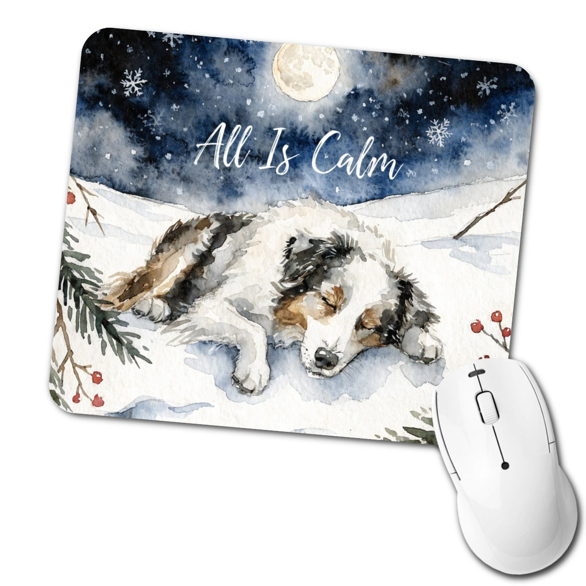 Australian Shepherd Dog All Is Calm Christmas Low Profile Mouse Pad Mat