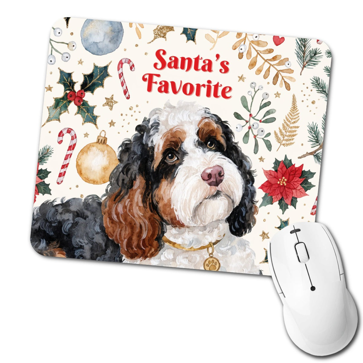 Bernedoodle Dog Christmas Santa's Favorite Low Profile Mouse Pad Mat