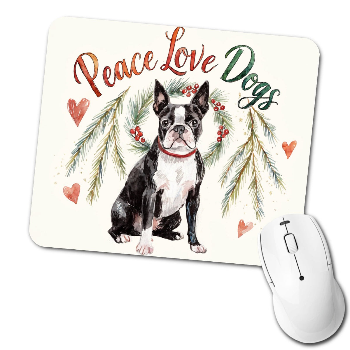 Boston Terrier Peace Love Dogs Christmas Low Profile Mouse Pad Mat
