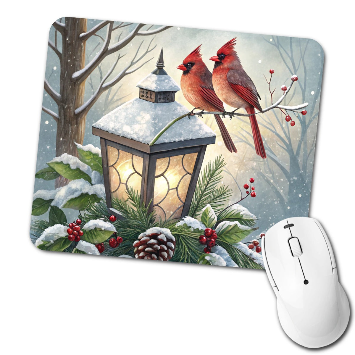 Cardinal Birds Lantern Christmas Low Profile Mouse Pad Mat
