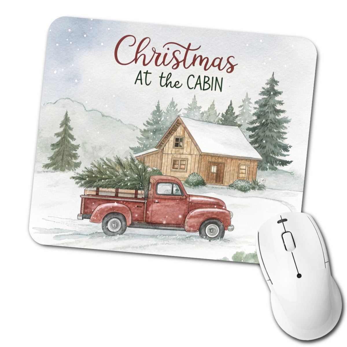 Christmas At The Cabin Red Truck Low Profile Mouse Pad Mat