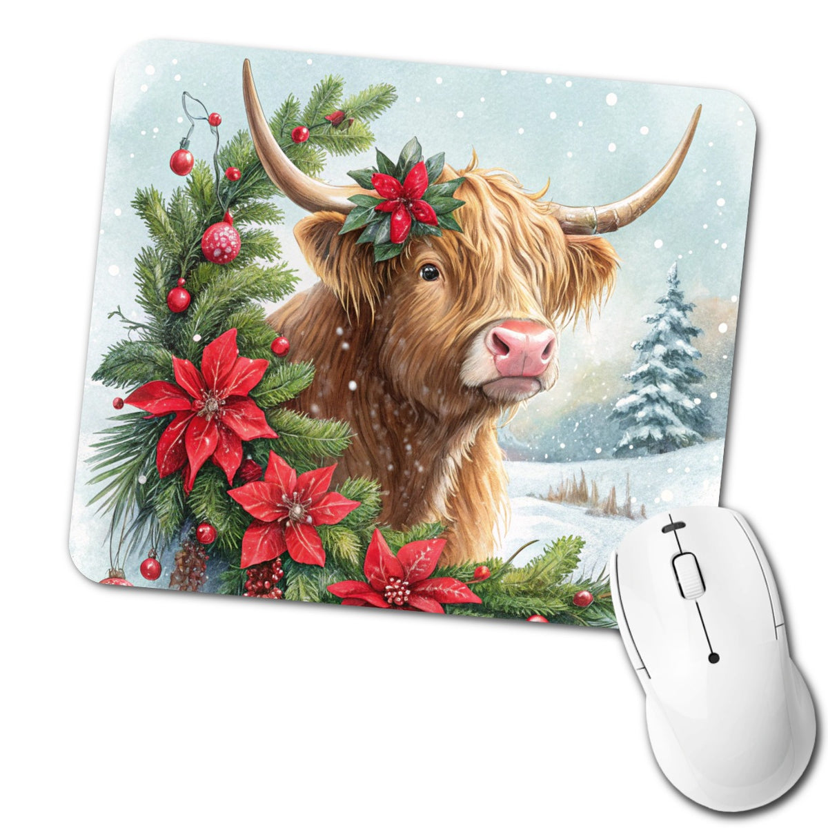 Christmas Highland Cow Low Profile Mouse Pad Mat