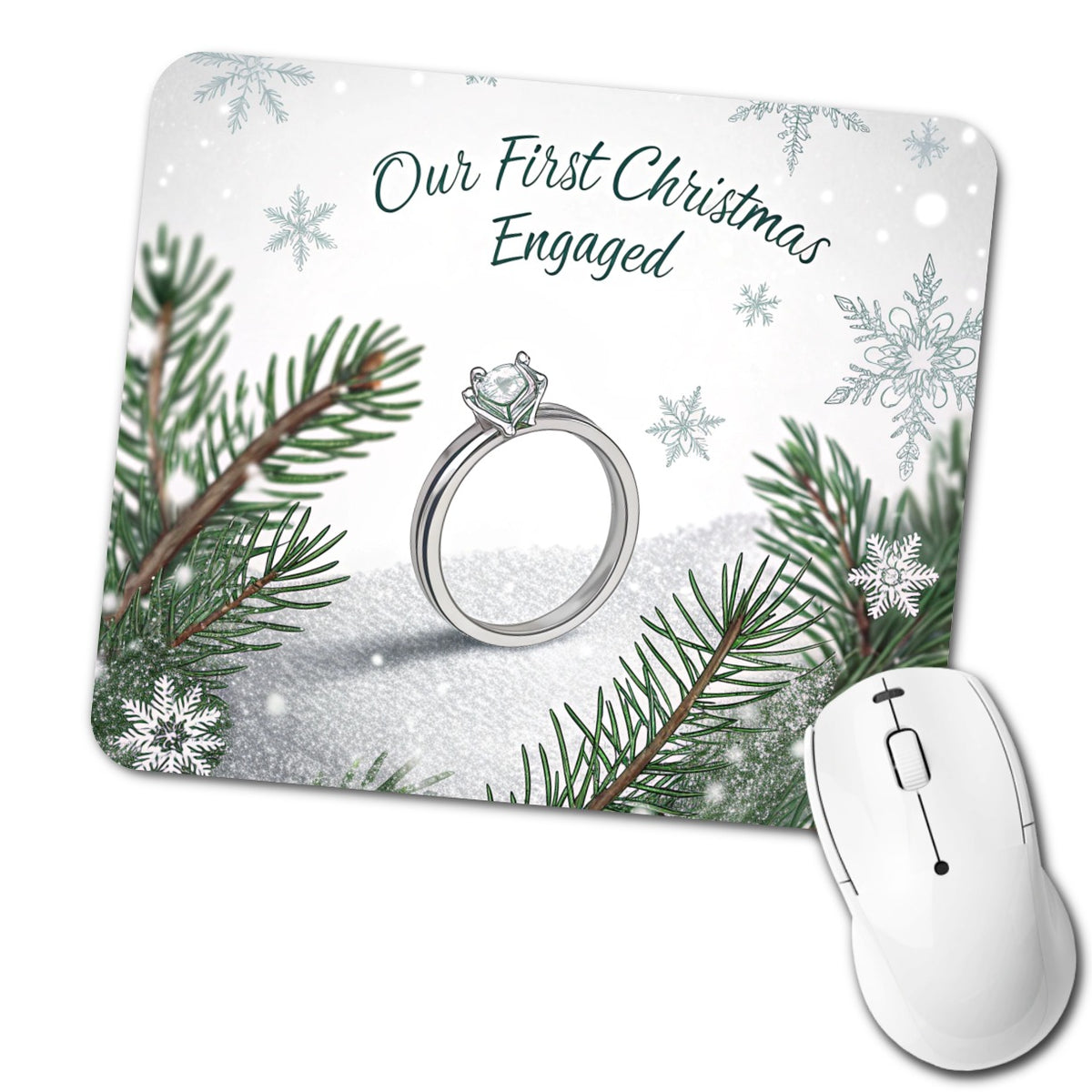 First Christmas Engaged Engagement Ring Low Profile Mouse Pad Mat