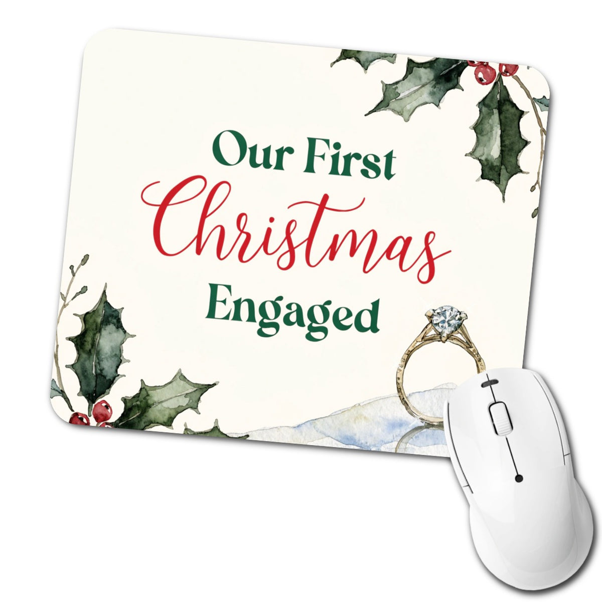 First Christmas Engaged Ring Holly Low Profile Mouse Pad Mat