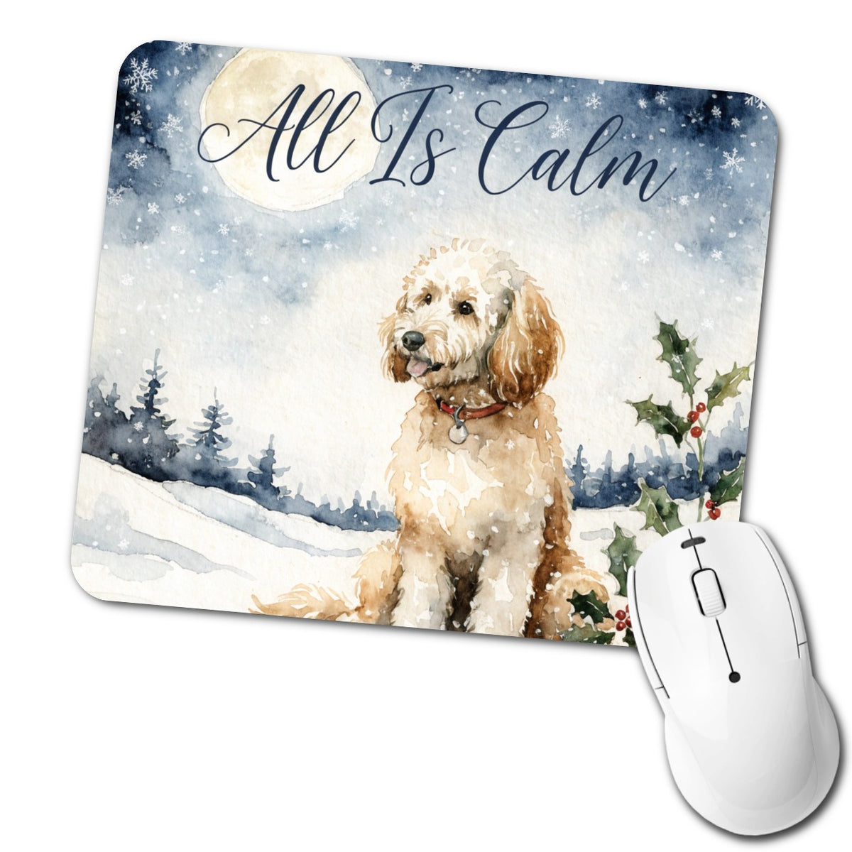 Goldendoodle Dog All Is Calm Christmas Low Profile Mouse Pad Mat