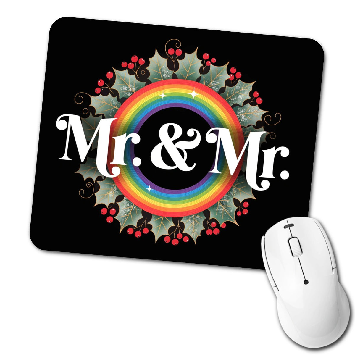 Mr and Mr Pride Gay Rainbow Christmas Wreath Low Profile Mouse Pad Mat
