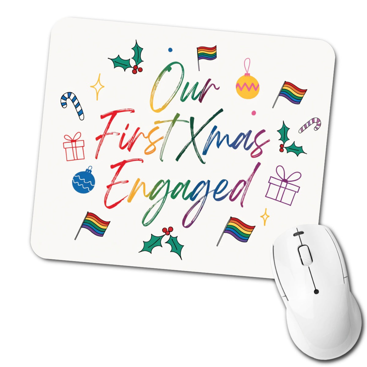 Our First Christmas Xmas Engaged Pride LGBTQ Low Profile Mouse Pad Mat