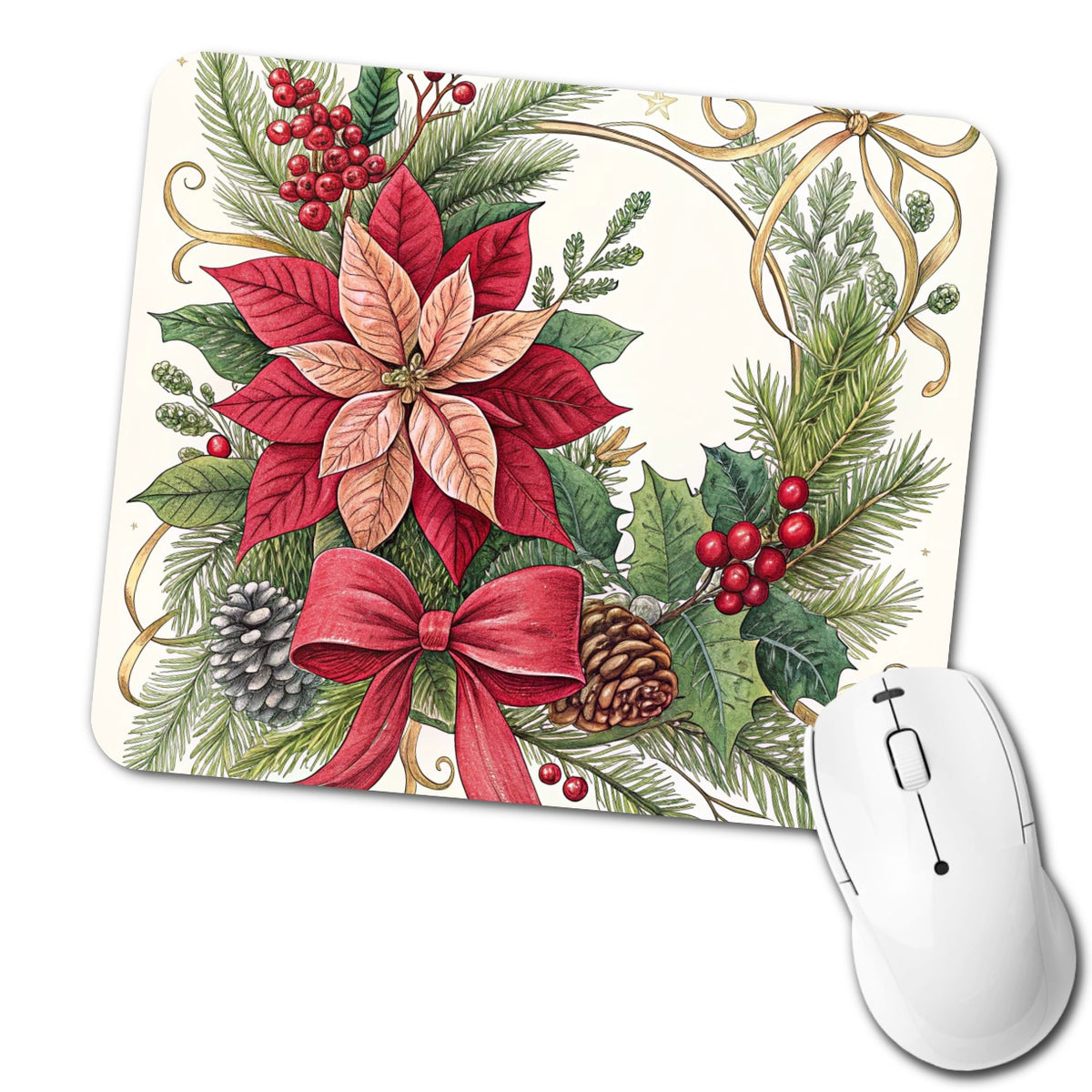 Poinsettias Holly Berries Christmas Low Profile Mouse Pad Mat
