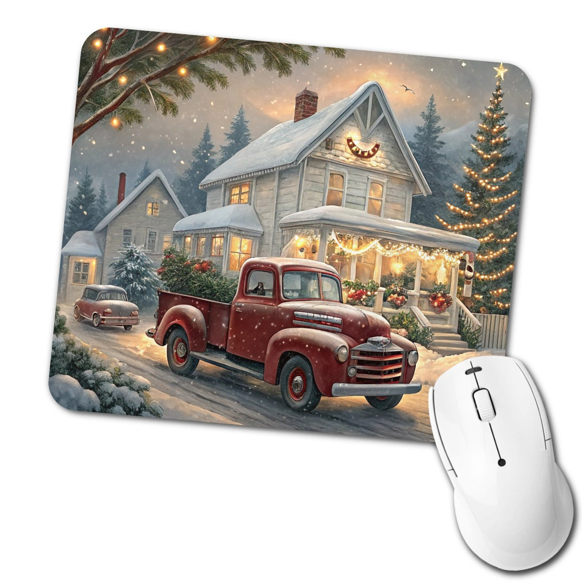 Vintage Americana Christmas Red Truck Low Profile Mouse Pad Mat