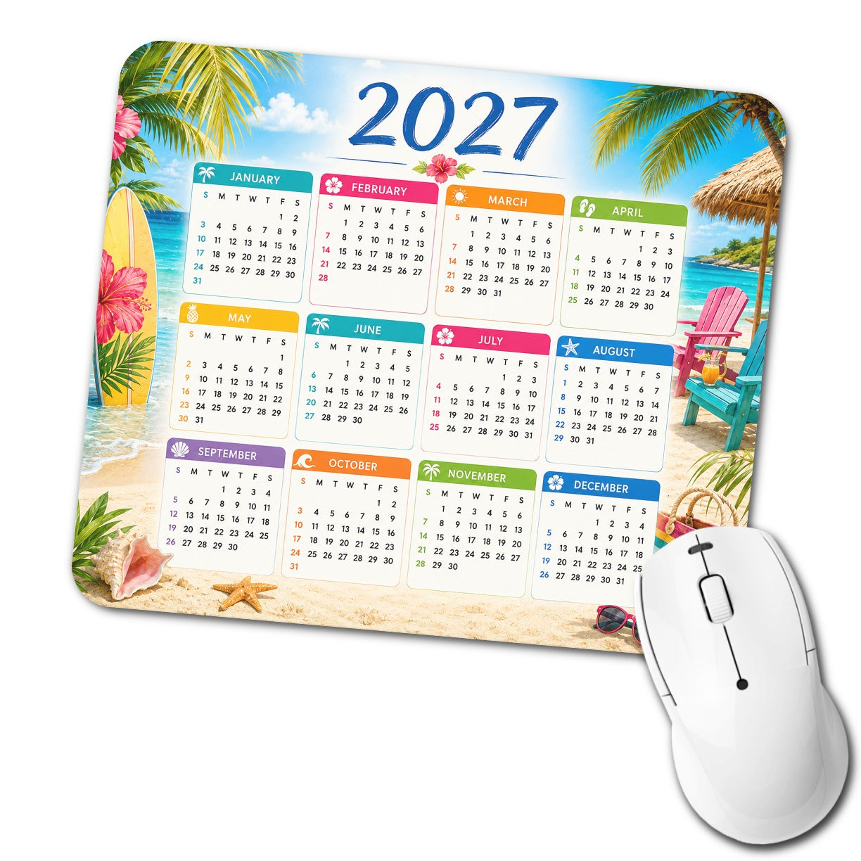 Coastal Beach Vacation 2027 Calendar Low Profile Mouse Pad Mat