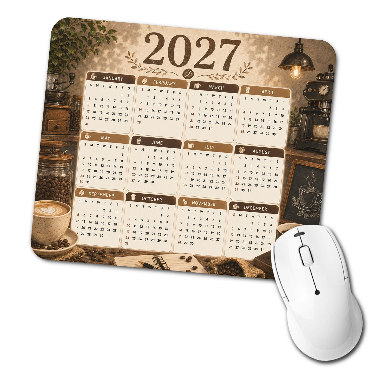 Coffee Lover 2027 Calendar Low Profile Mouse Pad Mat