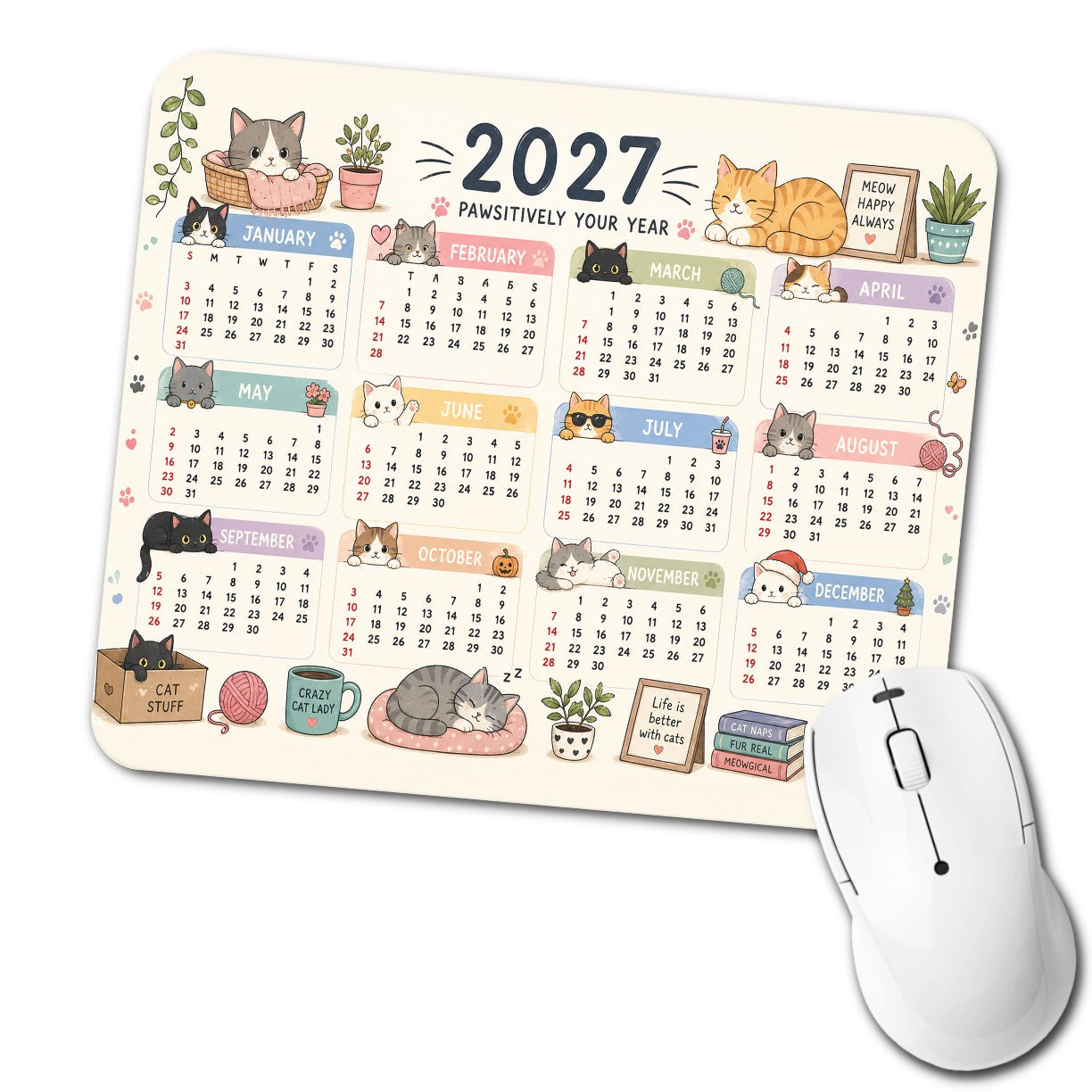 Crazy Cat Lady 2027 Calendar Low Profile Mouse Pad Mat