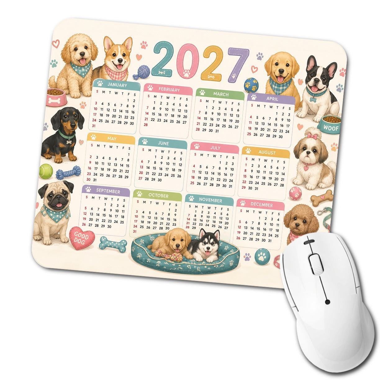 Cute Dogs 2027 Calendar Low Profile Mouse Pad Mat