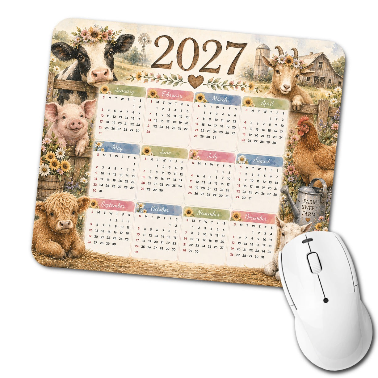 Farm Animals 2027 Calendar Low Profile Mouse Pad Mat