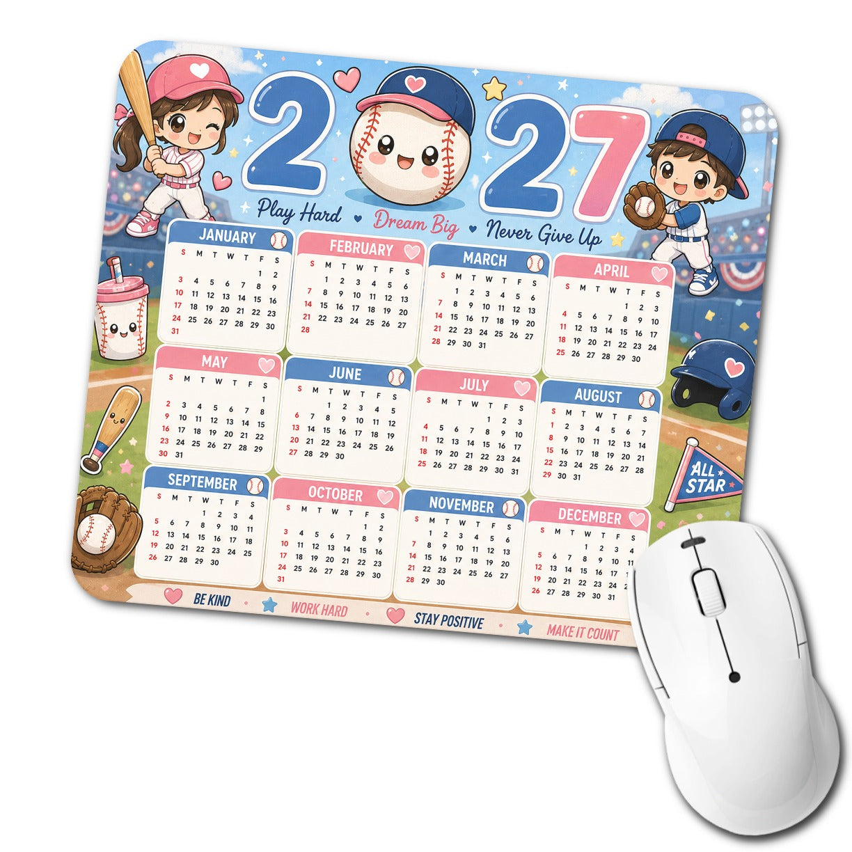 Kawaii Baseball Softball 2027 Calendar Low Profile Mouse Pad Mat
