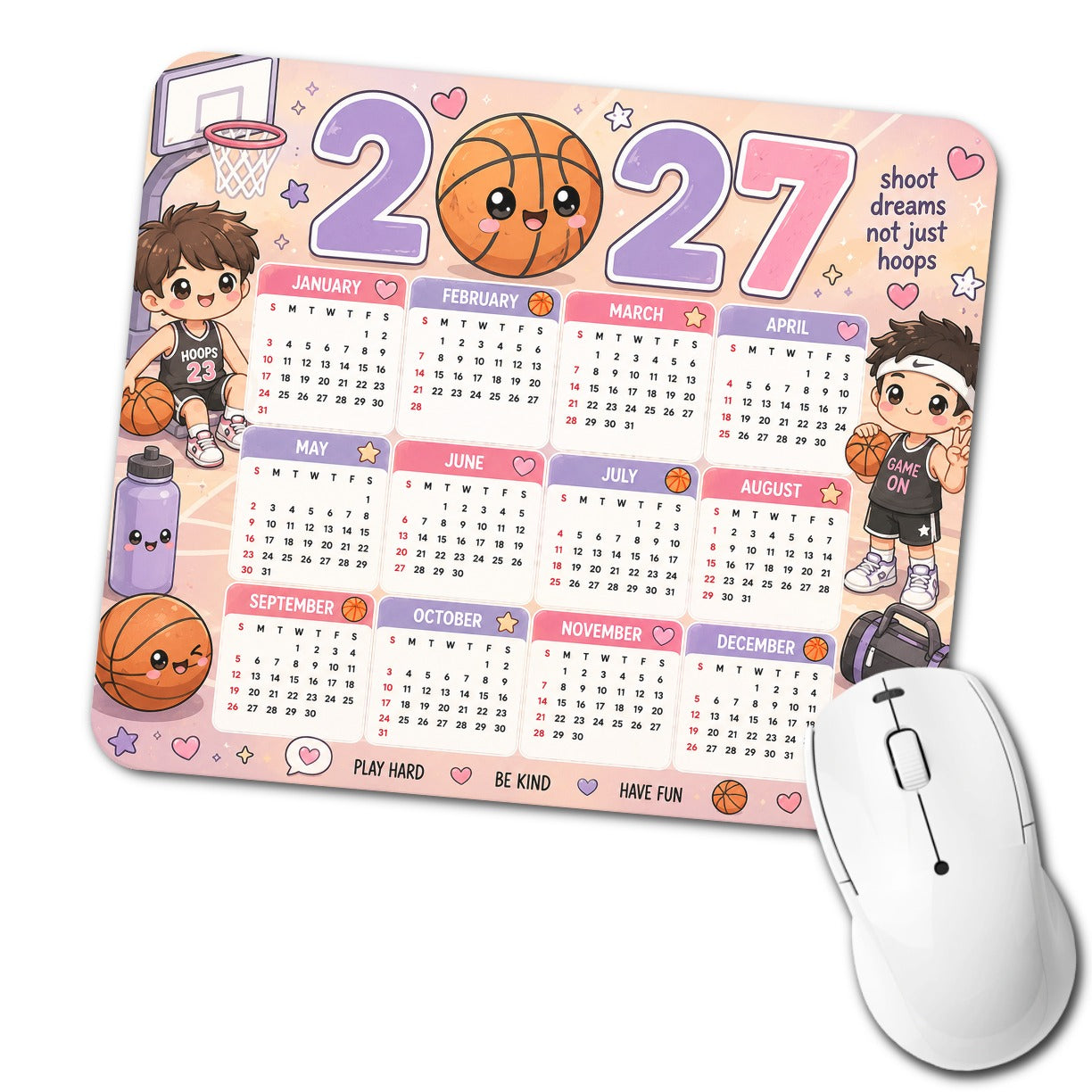 Kawaii Basketball 2027 Calendar Low Profile Mouse Pad Mat