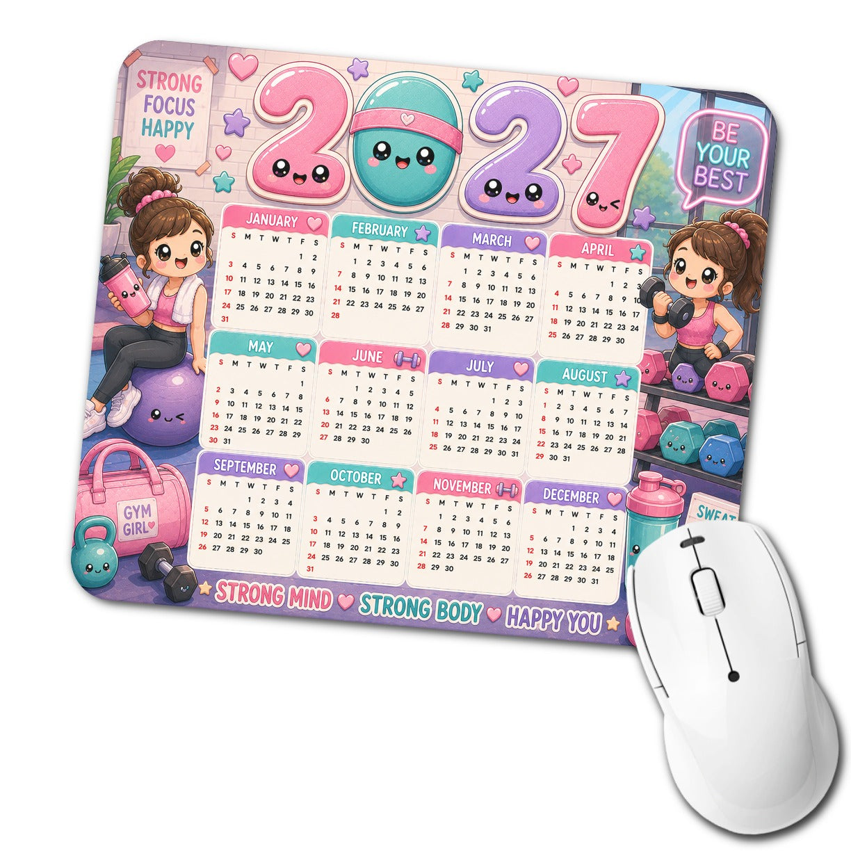 Kawaii Girls Gym 2027 Calendar Low Profile Mouse Pad Mat